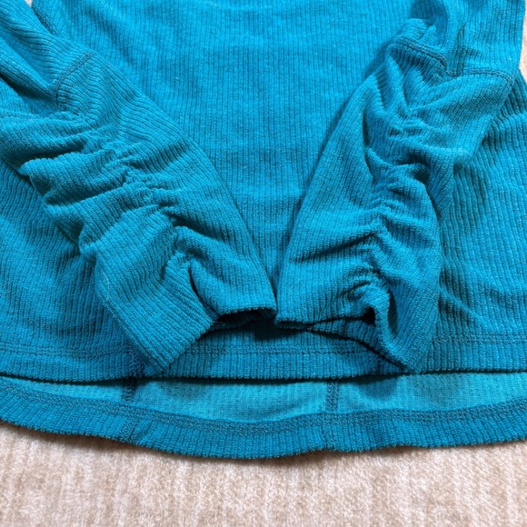 Kuhl Pullover Hoodie Women Size S Teal Ruched Sleeves Ribbed‎ Cowl Neck - Picture 9 of 11